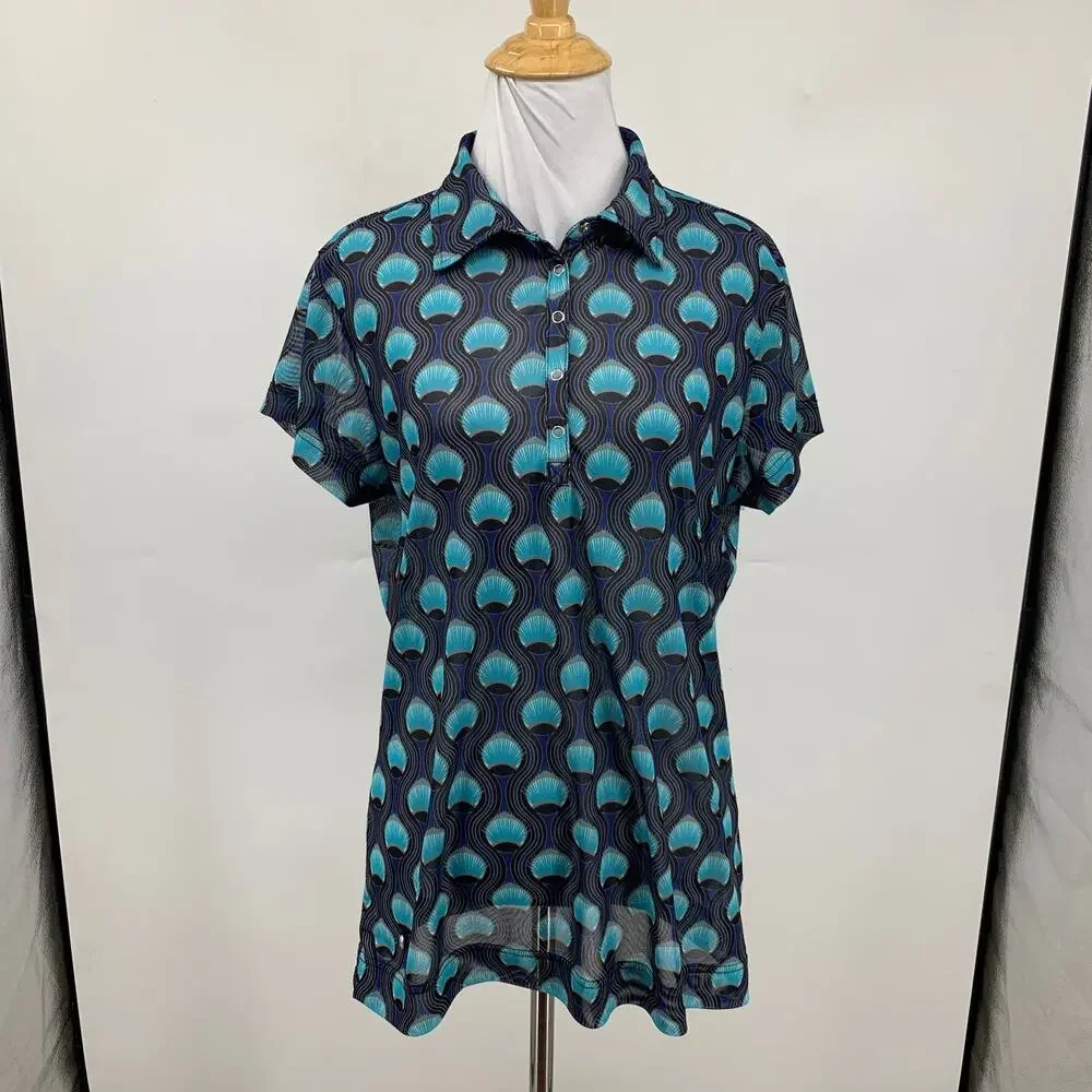 Daily Sports Shirt Women XL Extra Large Peacock Feather Button Placket Mesh Polo